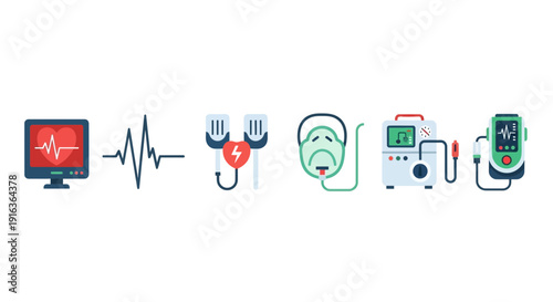Medical Equipment Icons: Heart Monitor, ECG, Defibrillator, Oxygen Mask