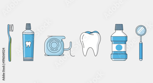 Dental Hygiene Icons: Toothbrush, Toothpaste, Floss, Tooth, Mouthwash, Mirror