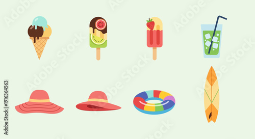 Summer Vacation Icons: Ice Cream, Popsicle, Drink, Hat, Surfboard
