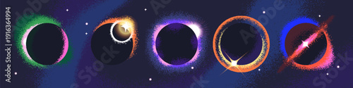 Total solar eclipse set. Planets with blazing, glowing orbits. Celestial edges of light and stars in space. Globes in dark cosmos. Astronomical phenomenon. Flat isolated vector illustrations