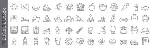 Healthy lifestyle and wellness icon set – editable outline symbols of fitness, nutrition, exercise, meditation, gym and self care
