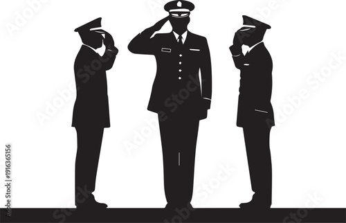 Military officers saluting, vector silhouette, uniform, respect, official ceremony