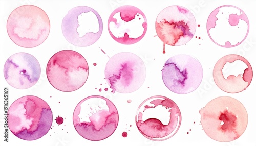 A vibrant display of watercolor circles in shades of pink and purple, showcasing artistic splashes