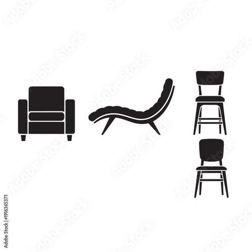 Modern furniture icon set. Includes armchair, chaise lounge, bar stool, and chair. Created in minimalist style with black silhouette