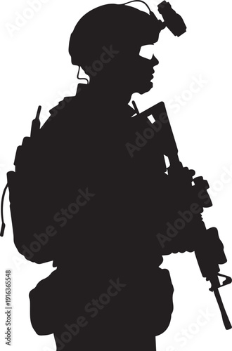 Modern tactical soldier silhouette vector illustration holding assault rifle with optics