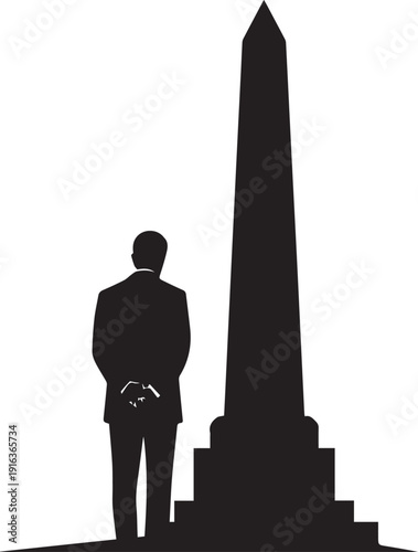 Silhouette man stands with hands behind back near obelisk monument, formal attire, memorial tribute