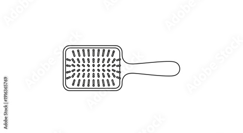 Minimalist black and white illustration of a paddle hairbrush on a white background