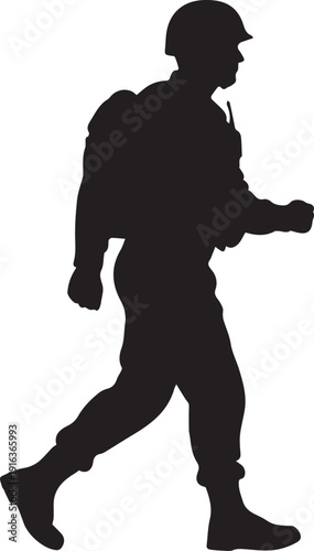 Soldier walking silhouette vector illustration profile view of military man with backpack