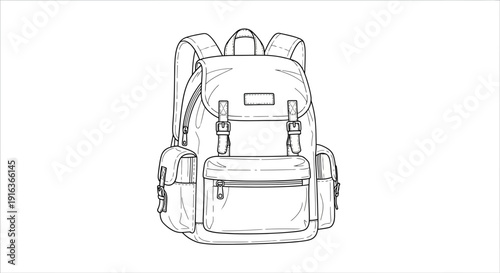 Line Art Backpack Drawing: Vintage Style Rucksack for Travel, Hiking, and School