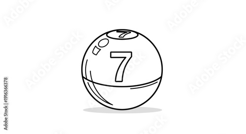 Lucky Number Seven Lottery Ball Icon, Isolated Outline Drawing on White Background