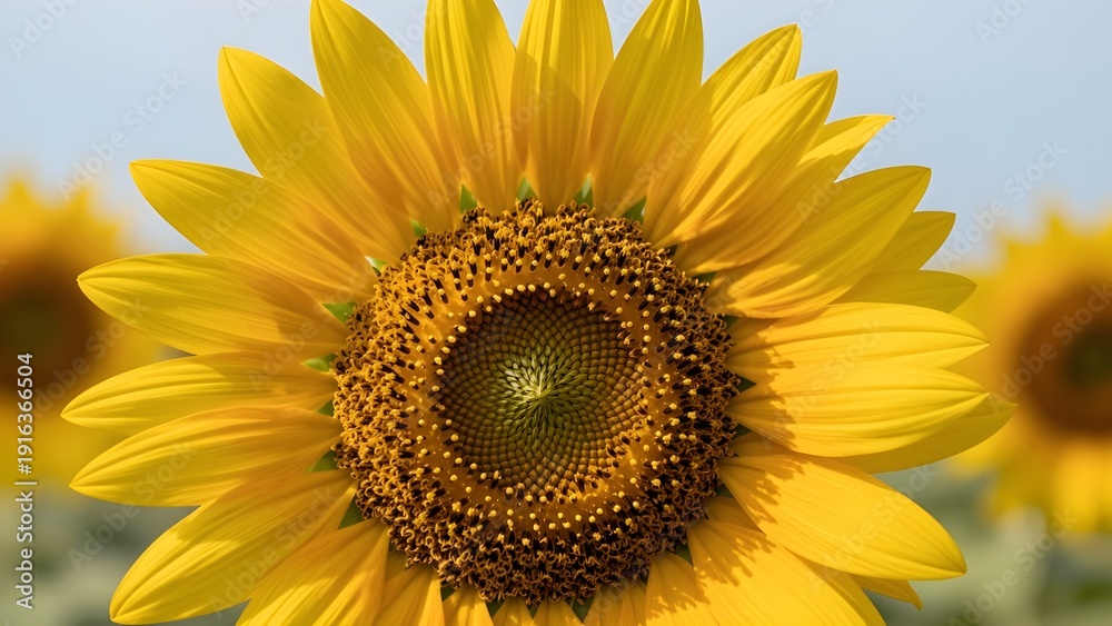 Obraz premium Golden Embrace: A close-up view of a vibrant sunflower, its radiant yellow petals and intricate details showcasing the beauty of nature.