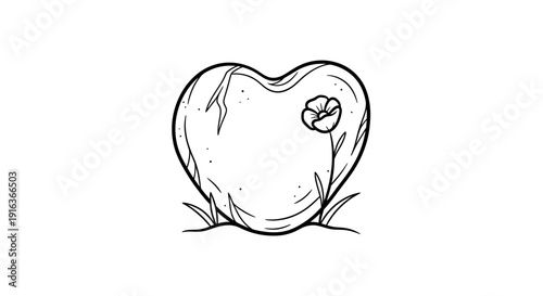 Heart Shaped Stone Gravestone with Flower and Grass, Black and White Line Art