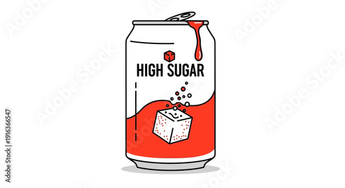 High Sugar Soda Can Illustration with Sugar Cube and Bubbles