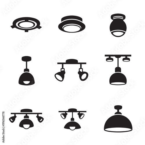 Modern ceiling light fixture icon collection. Includes spotlights, downlights, and track lights. Created in simple black style with white background.