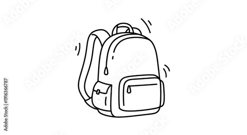 Hand-drawn backpack icon, simple line art doodle of a rucksack for school or travel