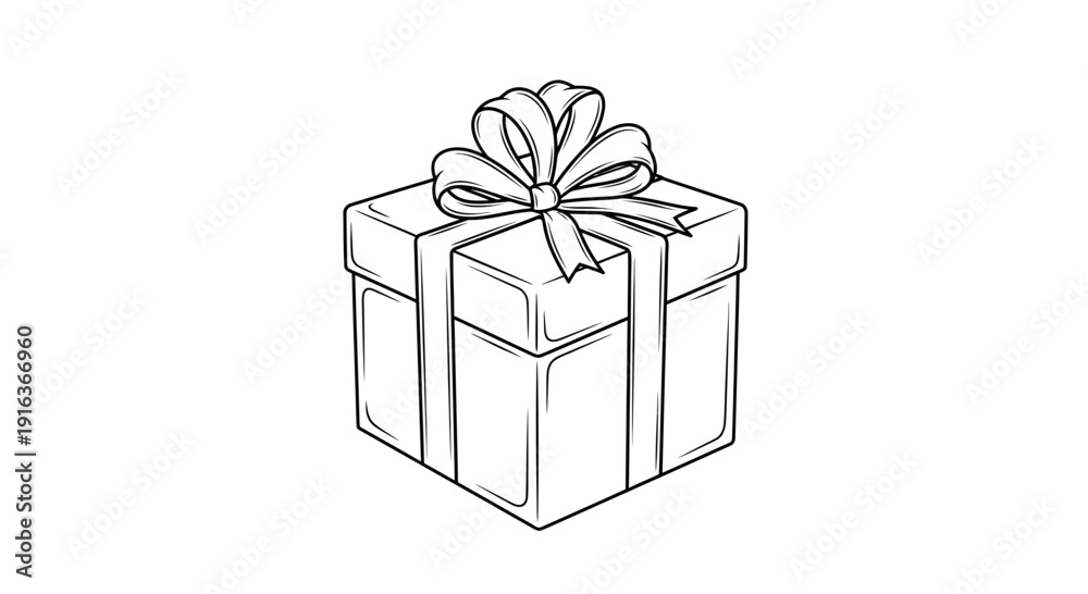 Obraz premium Hand-drawn gift box with ribbon and bow, isolated on white background, black and white sketch.