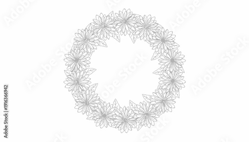 Hand-drawn floral wreath, delicate outline, botanical illustration, circular frame, elegant design