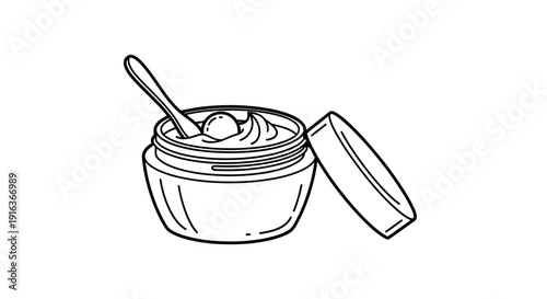 Hand-drawn illustration of a cream jar with a spoon, open lid, and dollop of cream.