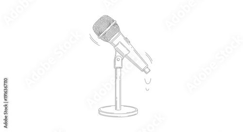 Hand-drawn microphone on stand, sketch style, isolated on white background