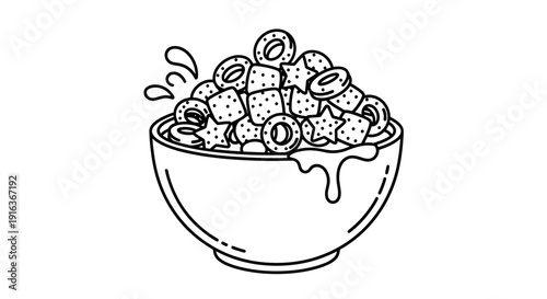 Hand-drawn sketch of a bowl overflowing with cereal and milk splashes