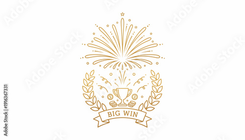Golden Trophy with Laurel Wreath and Fireworks, Big Win Celebration