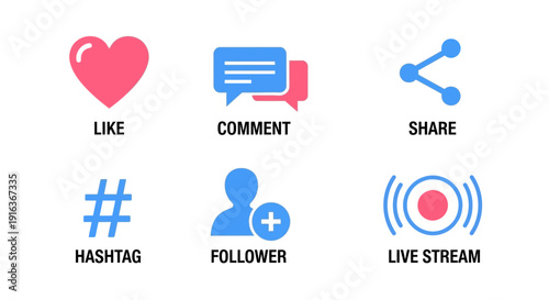 Social Media Icons: Like, Comment, Share, Hashtag, Follower, Live Stream