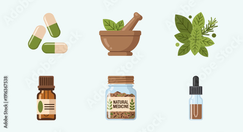 Natural Medicine and Herbal Remedies Health Icons Vector Set