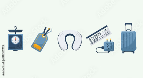 Essential Travel and Vacation Items Flat Vector Icon Set