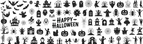 Happy Halloween silhouette collection, spooky icons set with ghosts pumpkins bats haunted houses and creepy characters illustration