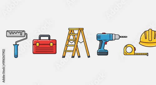 Construction & DIY Tools Icons: Paint, Toolbox, Ladder, Drill, Safety