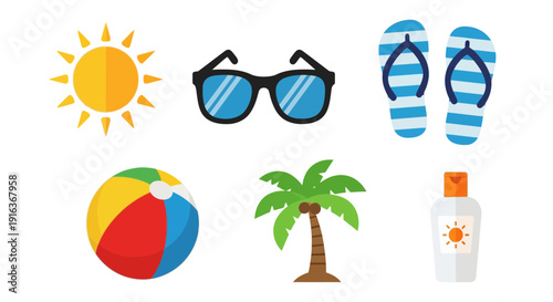 Colorful Summer & Beach Vacation Icons: Sun, Sunglasses, Flip-flops