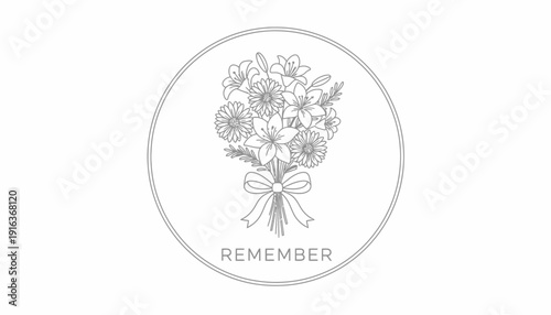 Elegant Floral Bouquet Emblem with "Remember" Text - Line Art Illustration