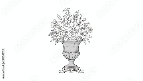 Elegant Floral Urn with "Remember" Ribbon - Black and White Line Art