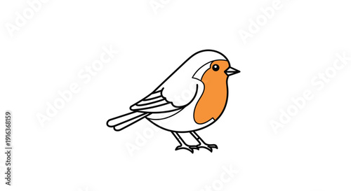 Cute Robin Bird Cartoon Illustration, Simple Line Art, White Background