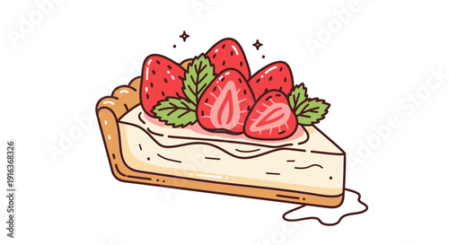 Delicious Strawberry Cheesecake Slice with Fresh Berries and Mint Leaves, Dessert Food Illustration