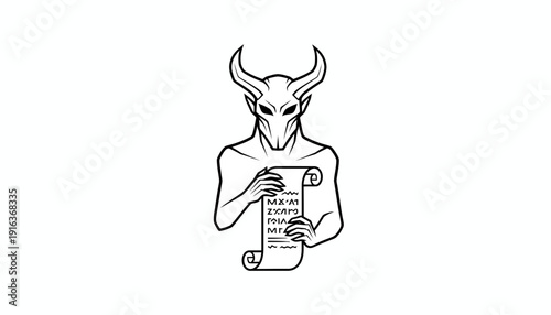 Demonic figure with horns and mask holding ancient scroll, black and white illustration