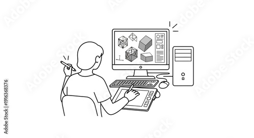 Designer using digital tablet and stylus for 3D modeling on computer screen