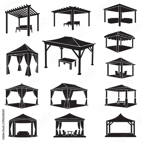 Outdoor gazebo and pergola vector icon collection. Includes various gazebo, pergola, canopy, and pavilion structures. Created in black silhouette style with white accents.