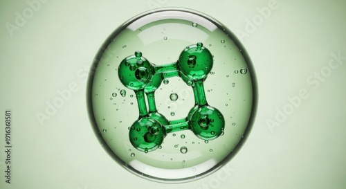 Encapsulated Green Molecule Representing Active Ingredient Serum Structure in a Protective Clear Bubble for Advanced Skincare Technology