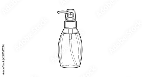 Clear Dispenser Bottle with Pump, Line Drawing Illustration