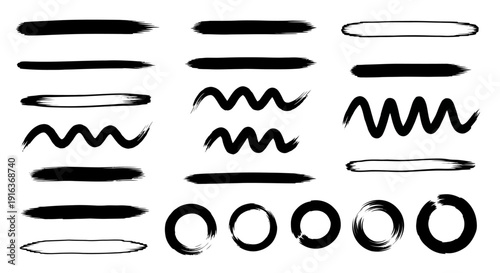 Collection of various black and white vector shapes and lines isolated on transparent background