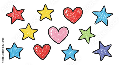Colorful star and heart shapes isolated on transparent background, hand drawn vector illustration