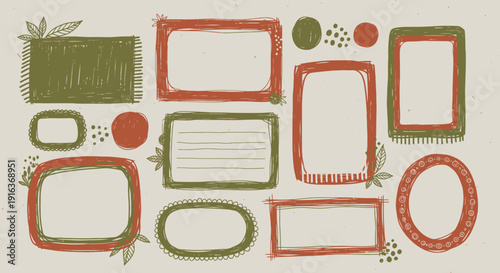 Collection of hand-drawn frames and shapes in olive green and burnt orange on beige background