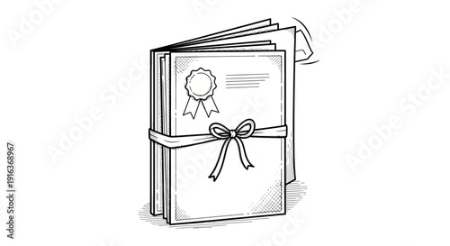 Bundle of Certificates Tied with Ribbon, Award Document, Diploma, Official Paperwork, Seal