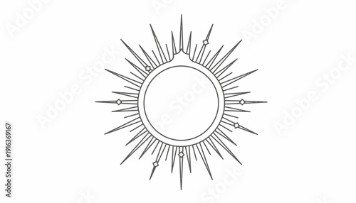 Celestial Sun Emblem, Mystical Starburst, Cosmic Aura, Esoteric Symbol, Geometric Outline