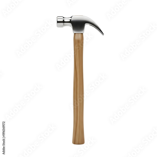 A hammer with a wooden handle and metal head is displayed upright