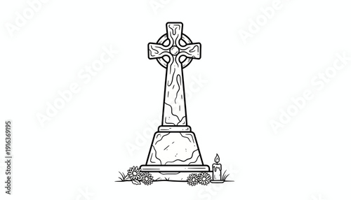 Celtic Cross Gravestone with Candle and Flowers, Cemetery Monument, Religious Symbol