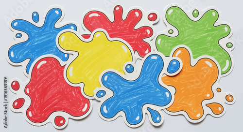 Colorful paint splatters in red, blue, yellow, green, and orange hues with white outlines on a light gray background