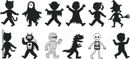 Kids halloween costume silhouettes, children dressed as witch ghost vampire skeleton and monster isolated vector illustration set