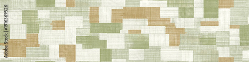 Patchwork geometric pattern creating a seamless textured background. Seamless collage of muted sage and khaki rectangular shapes with woven fabric texture